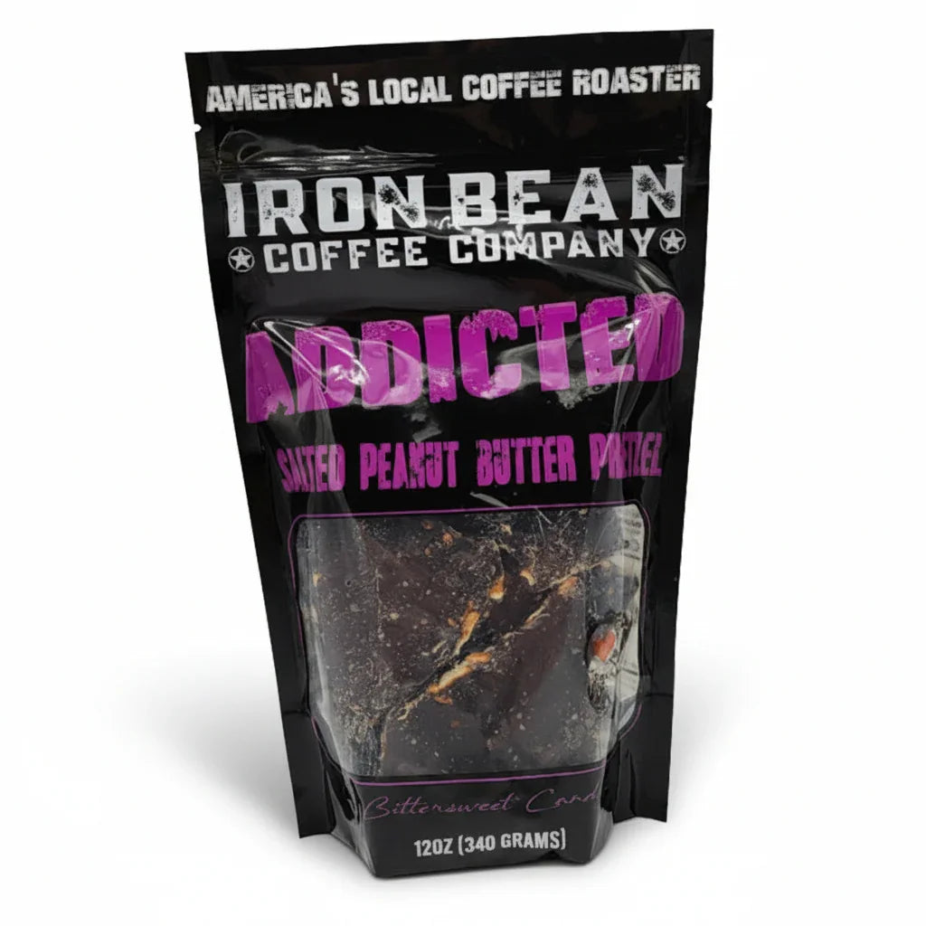 Iron Bean Coffee Company Addicted Salted Peanut Butter Pretzel bittersweet candy package 12oz