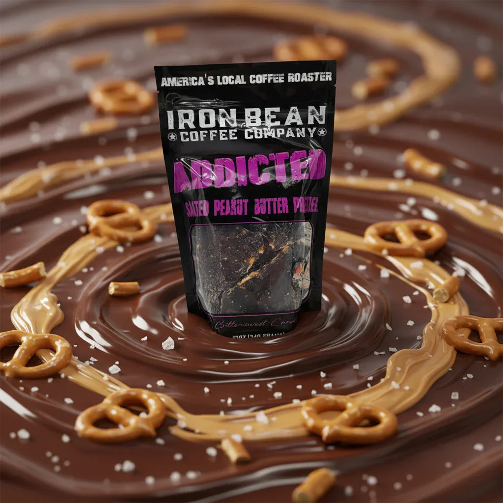 Iron Bean Coffee Company Addicted salted peanut butter pretzel bark bag on chocolate with peanut butter and pretzels