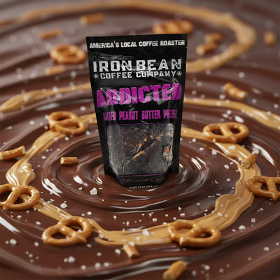 Iron Bean Coffee Company Addicted salted peanut butter pretzel bark bag on chocolate with peanut butter and pretzels