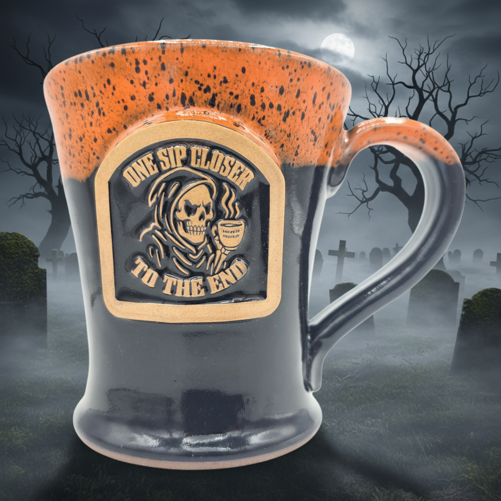 Mug with grim reaper design and 'One Sip Closer to the End' text against a spooky graveyard background