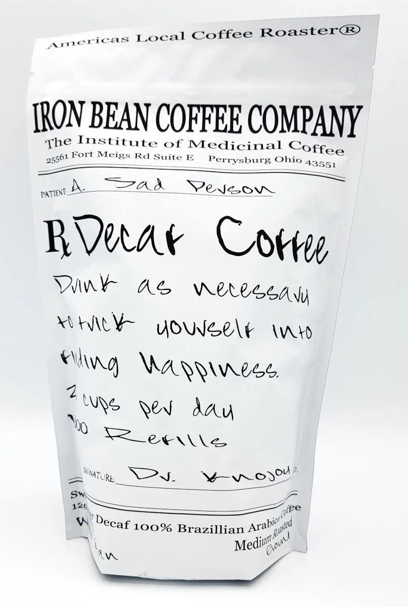 Iron Bean Coffee Company decaf Brazilian Arabica coffee bag with handwritten prescription style label