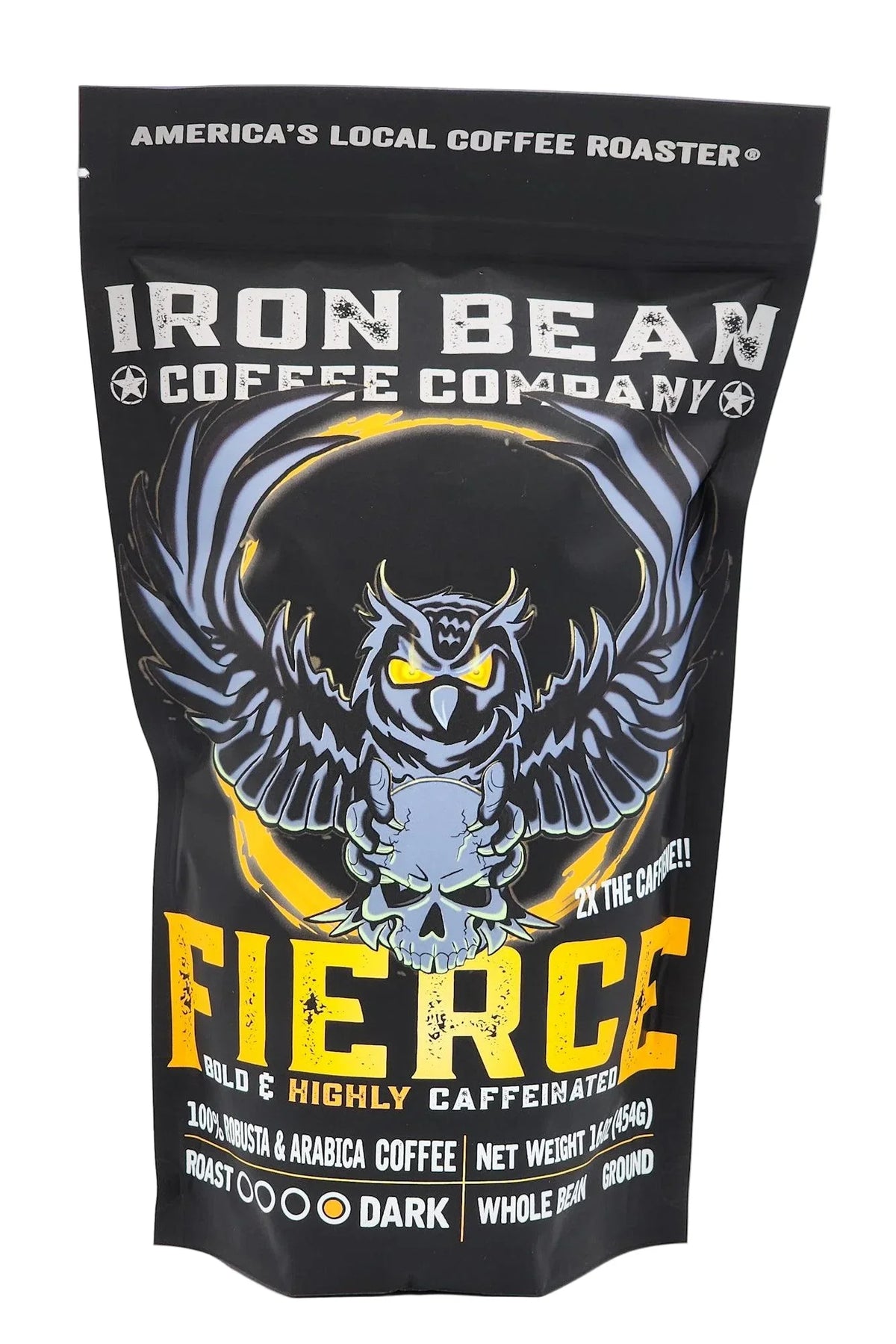 Iron Bean Coffee Company Fierce highly caffeinated dark roast coffee bag with owl and skull design