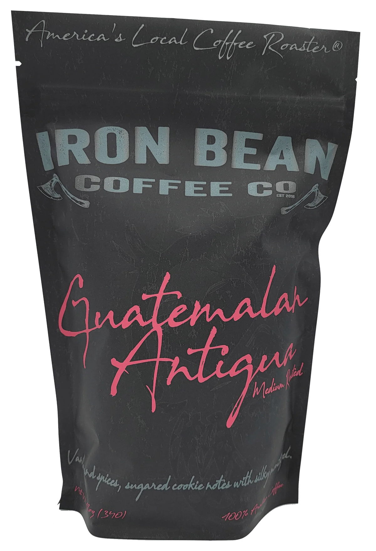 Iron Bean Coffee Co Guatemalan Antigua medium roast coffee bag with vanilla and spices flavor notes