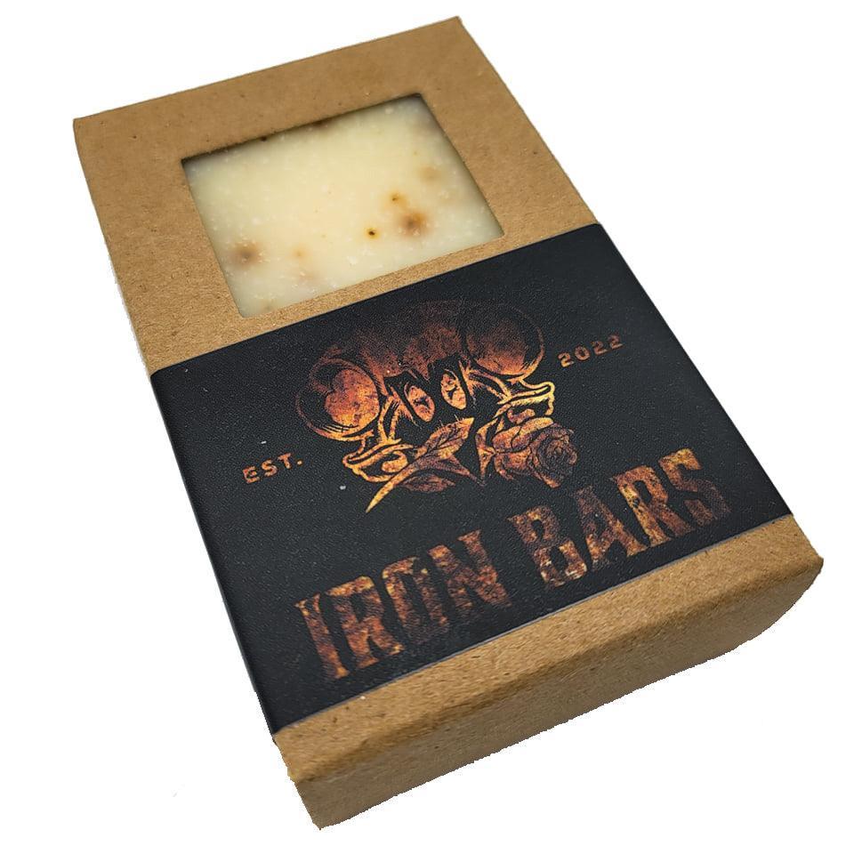 Crafted Iron Bars heavy cream soap bar in eco-friendly packaging with vintage floral and fist logo