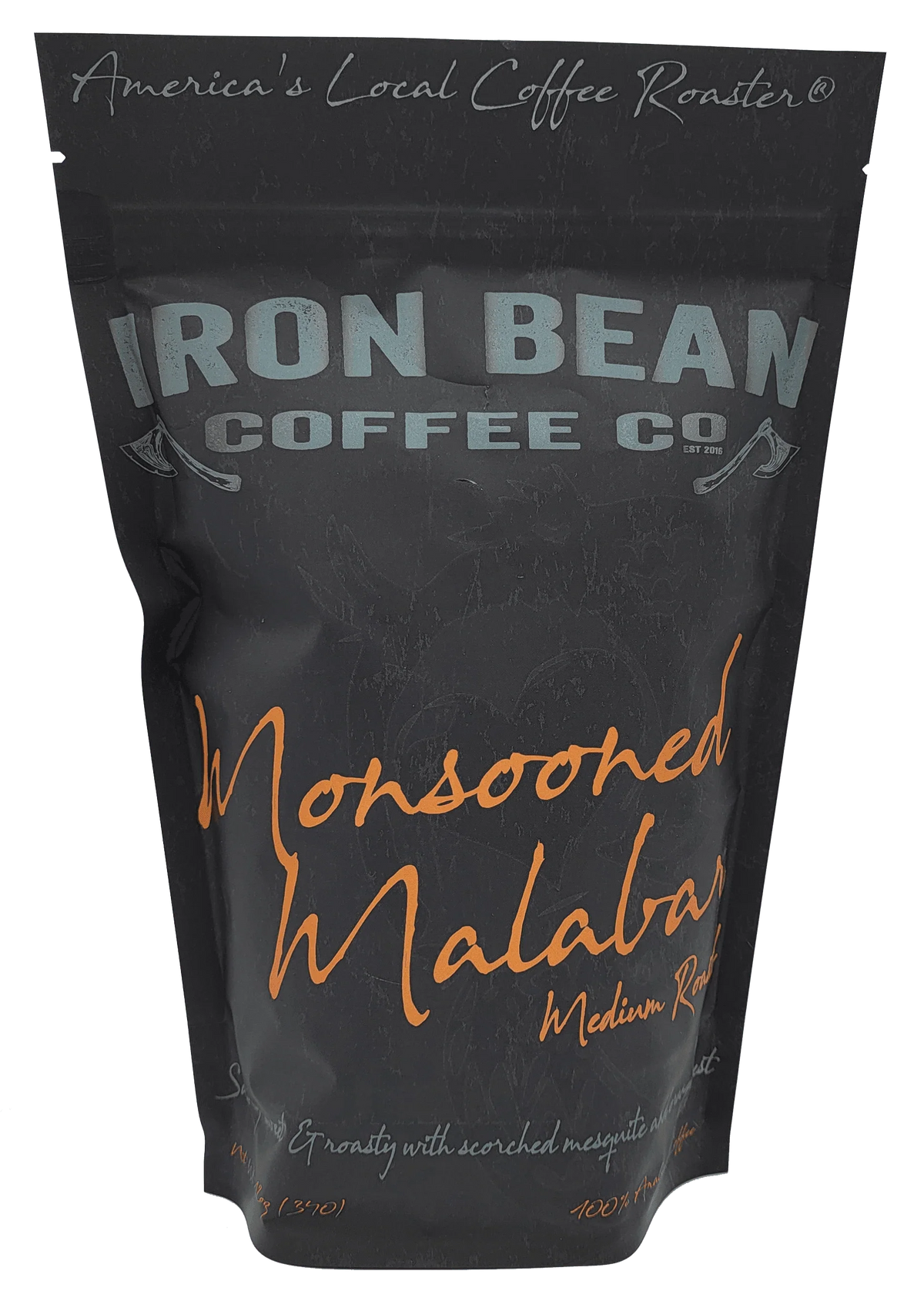 Iron Bean Coffee Co Monsooned Malabar medium roast coffee bag black packaging