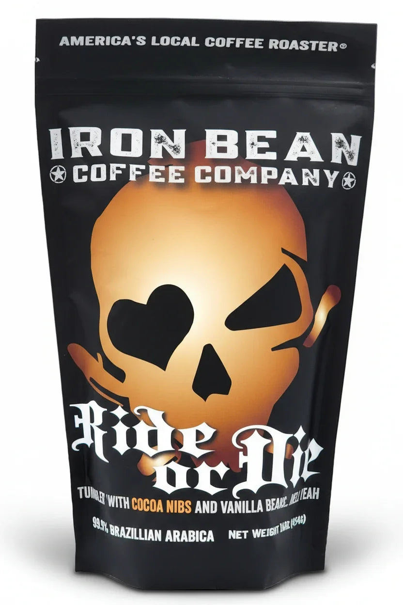 Iron Bean Coffee Company Ride or Die medium roast coffee bag with skull graphic and cocoa nibs flavor
