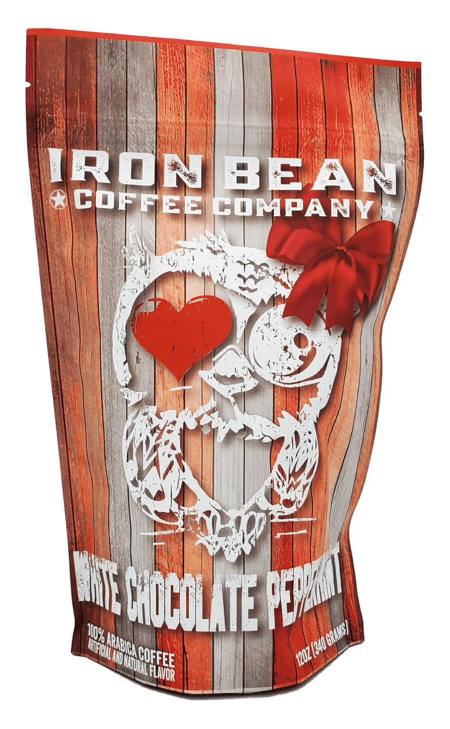 Iron Bean Coffee Company White Chocolate Peppermint 12oz bag with red and white wood design and owl logo with heart eye and red bow