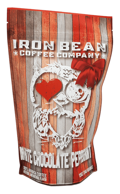 Iron Bean Coffee Company White Chocolate Peppermint 12oz bag with red and white wood design and owl logo with heart eye and red bow